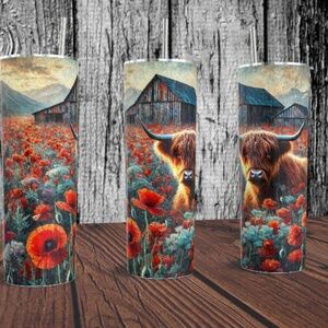 Highland Cow with Red Flowers 20 oz Skinny Tumbler